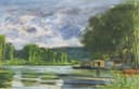 乡村与田园风光画 - 河畔景致 - 河畔小屋伴绿树与云 
