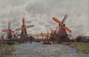 乡村与田园风光画 - 风车景观 - 河畔风车伴桥的景致 