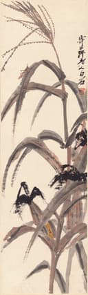 花鸟画 - 玉米草虫图 - 墨绘玉米伴草间小虫 