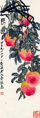 蔬果画 - 寿桃 - 水墨绘寿桃枝叶相伴 