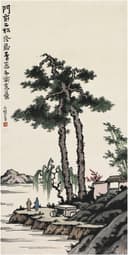 生活场景题材 - 门前二松 - 二人松畔岸边的景致 