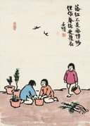 儿童题材 - 种花 - 孩童专注种花场景画面 