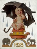 商业艺术表达主题 - 雨中宝宝与玩具 - 宝宝撑伞坐玩具上场景 