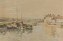 河流湖泊景致主题 - 未知名画作 - 河岸停泊船只景色优美 