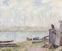 河流湖泊景致主题 - 无名画作 - 湖畔小船木屋宁静画面 