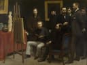 现实主义风格主题 - 无名画家的工作室 - 展现画家群体创作场景 