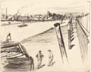 其他 - 未知名河边场景画作 - 河边人物与城市景象描绘 
