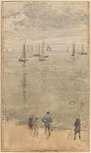 画面形式美感主题 - 海滨帆船人物水彩画 - 海滨景致配帆船人物剪影 