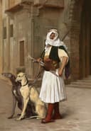东方风情展现主题 - 未知名画作 - 身着传统服饰人与猎犬 