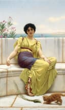 人物主题 - 未知画作 - 着古服饰女子逗弄小猫 