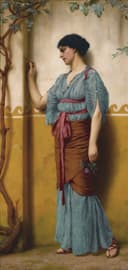 人物主题 - 未知名女性画作 - 古典装扮女子墙边静立 