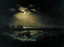 海洋风暴场景主题 - 月夜下的海上行舟 - 月夜海风暴中船只飘摇 