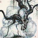 线条色彩交织主题 - 未知名画作 - 墨线彩点交织绘树石 