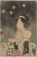 女性生活百态主题 - 长喜画作中的夏夜场景 - 女子孩童夏夜持扇赏景 