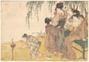 女性生活百态主题 - 柳下女子与孩童嬉戏  - 