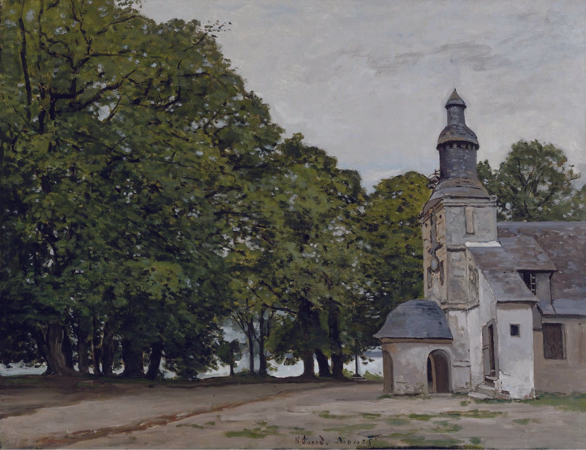 乡村与田园风光画 - 未知名乡村建筑画 - 绘乡村建筑伴葱郁树木 