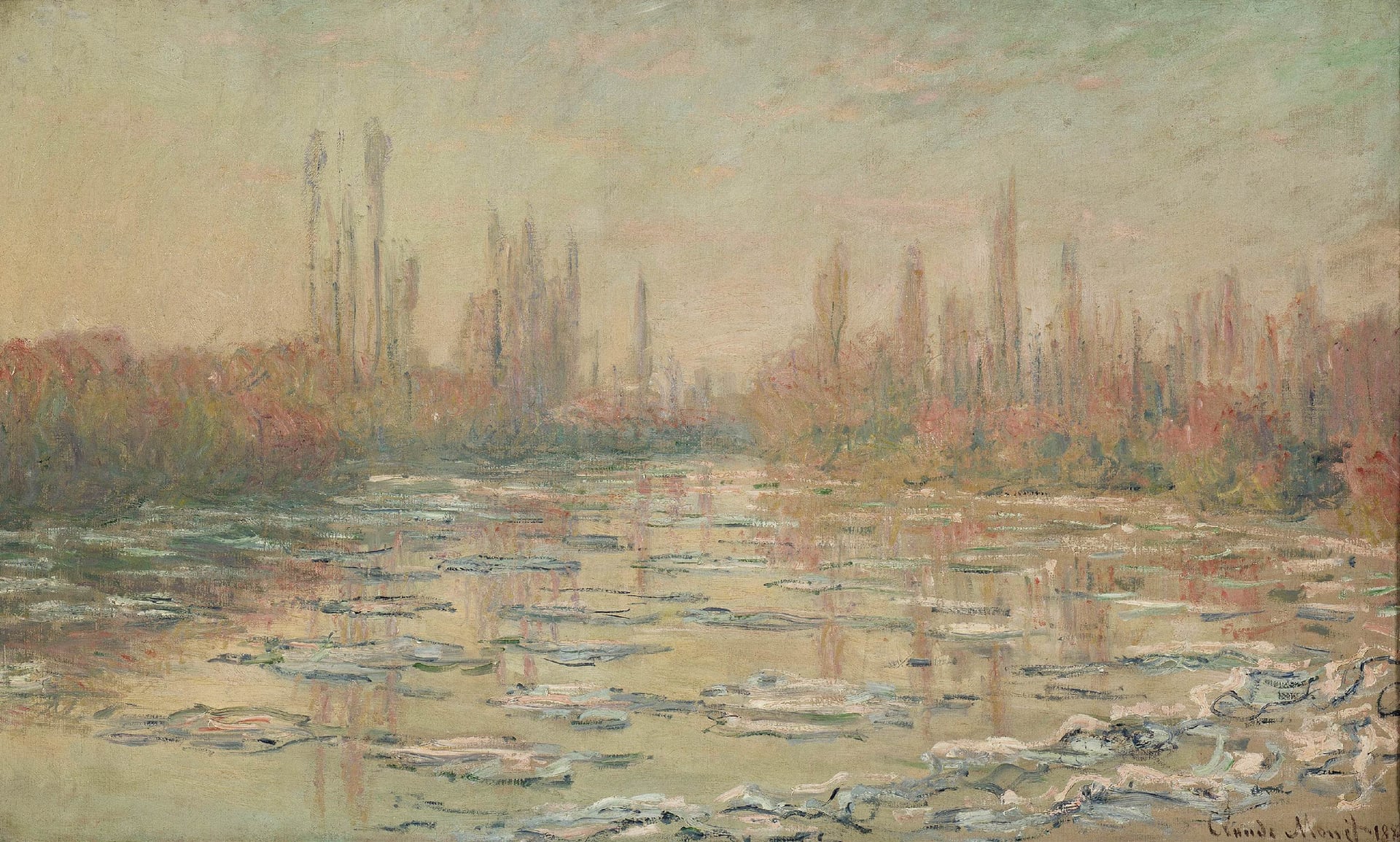 乡村与田园风光画 - 阿让特伊的冰 - 冬日河岸浮冰景色 