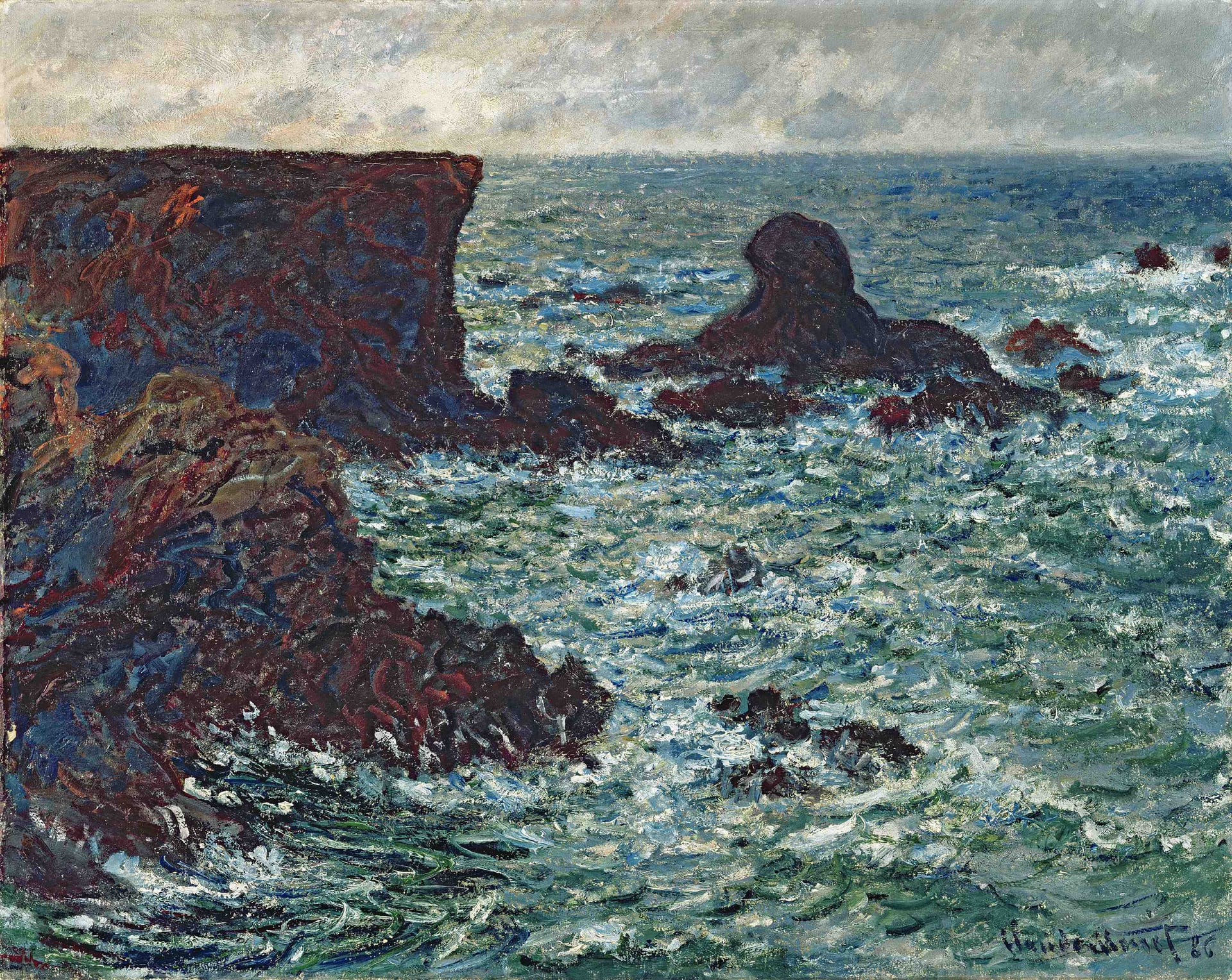 海景画 - 无名海景画作 - 海浪拍击礁石的景致 