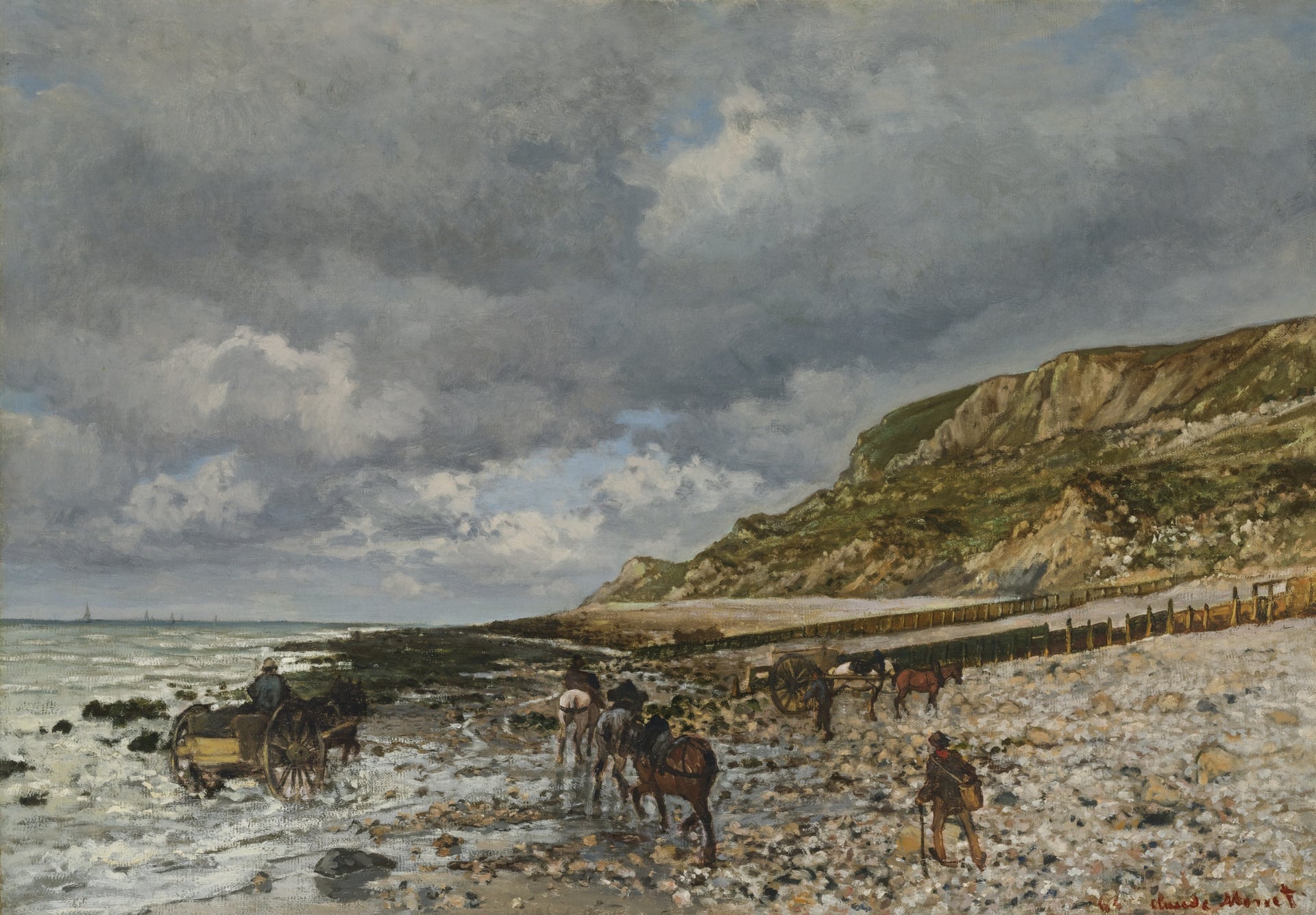 海景画 - 未知名海景画作 - 海岸边人与马车的景致 