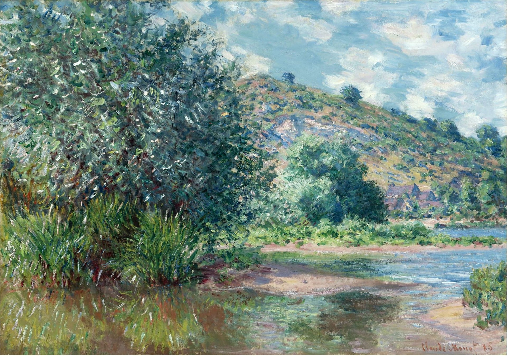 乡村与田园风光画 - 无名画作 - 河畔绿意盎然的自然景 