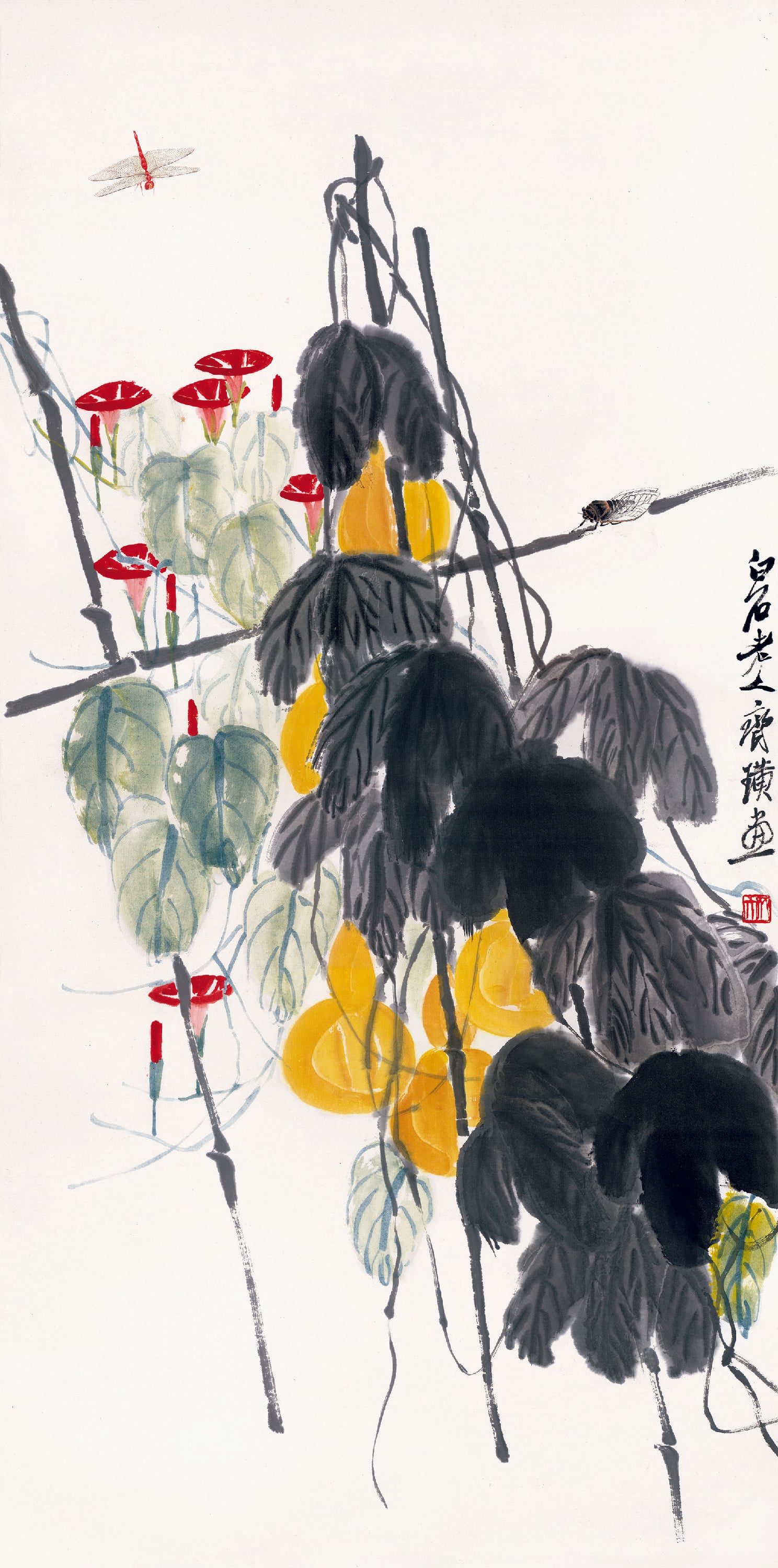 蔬果画 - 葫芦牵牛花图 - 葫芦牵牛伴蜻蜓景致 