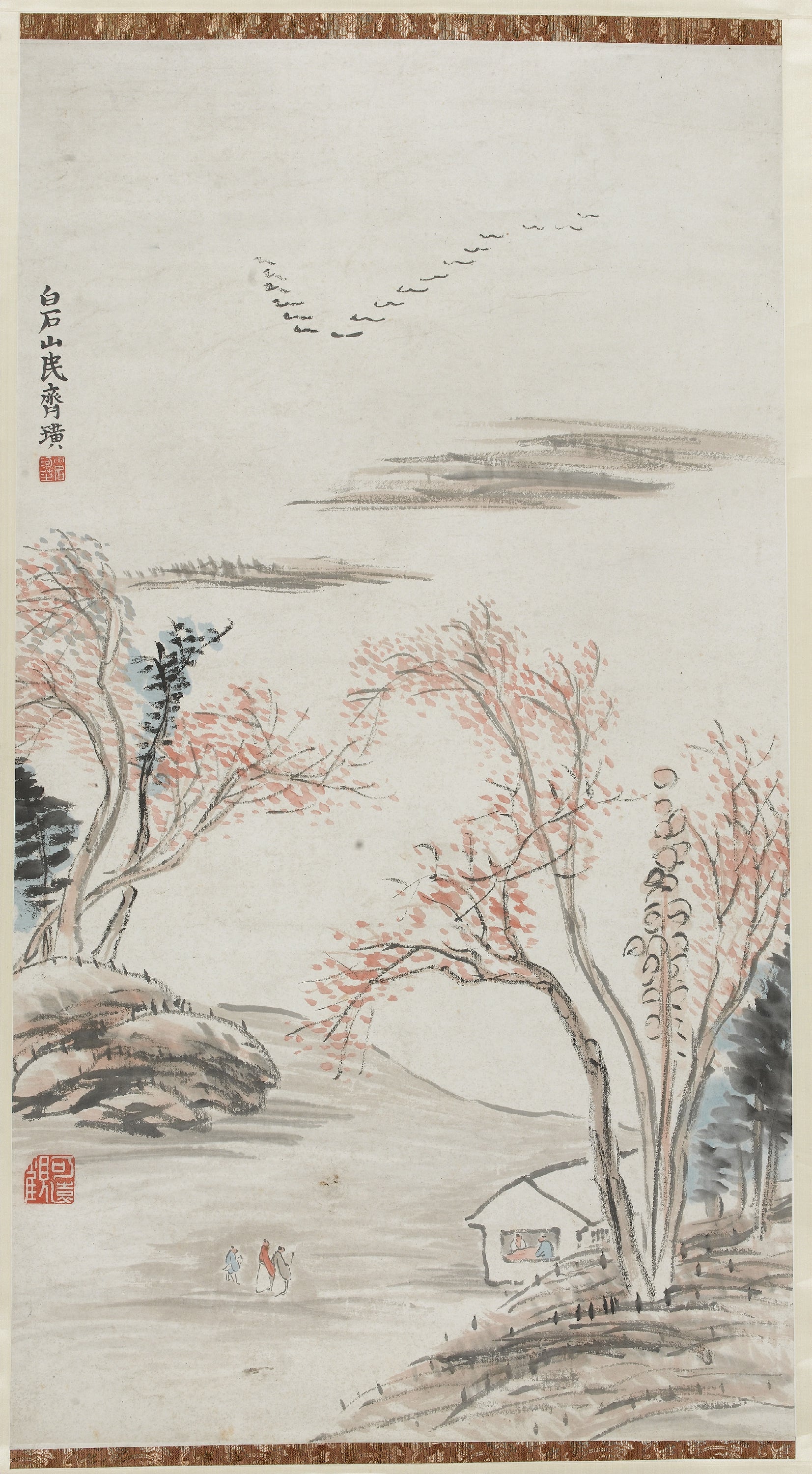 山水画 - 未知名山水画作 - 山水间见飞鸟与行人 