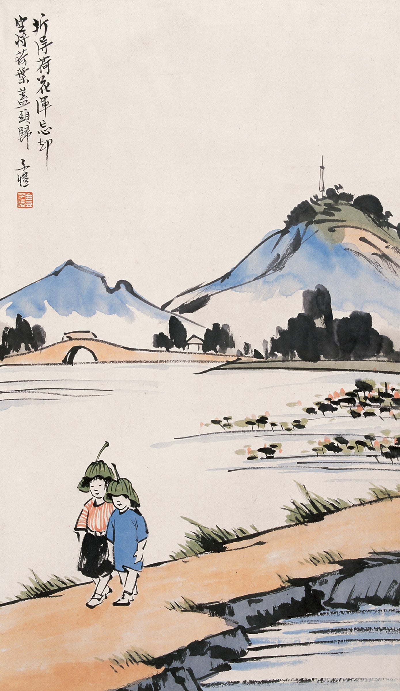 儿童题材 - 折得荷花浑忘却 - 孩童持荷漫步山水间 