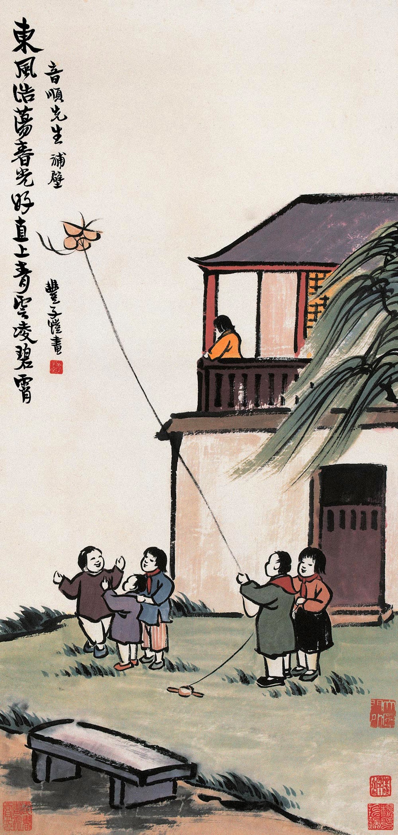 儿童题材 - 东风浩荡春光好 - 孩童户外欢乐放风筝 