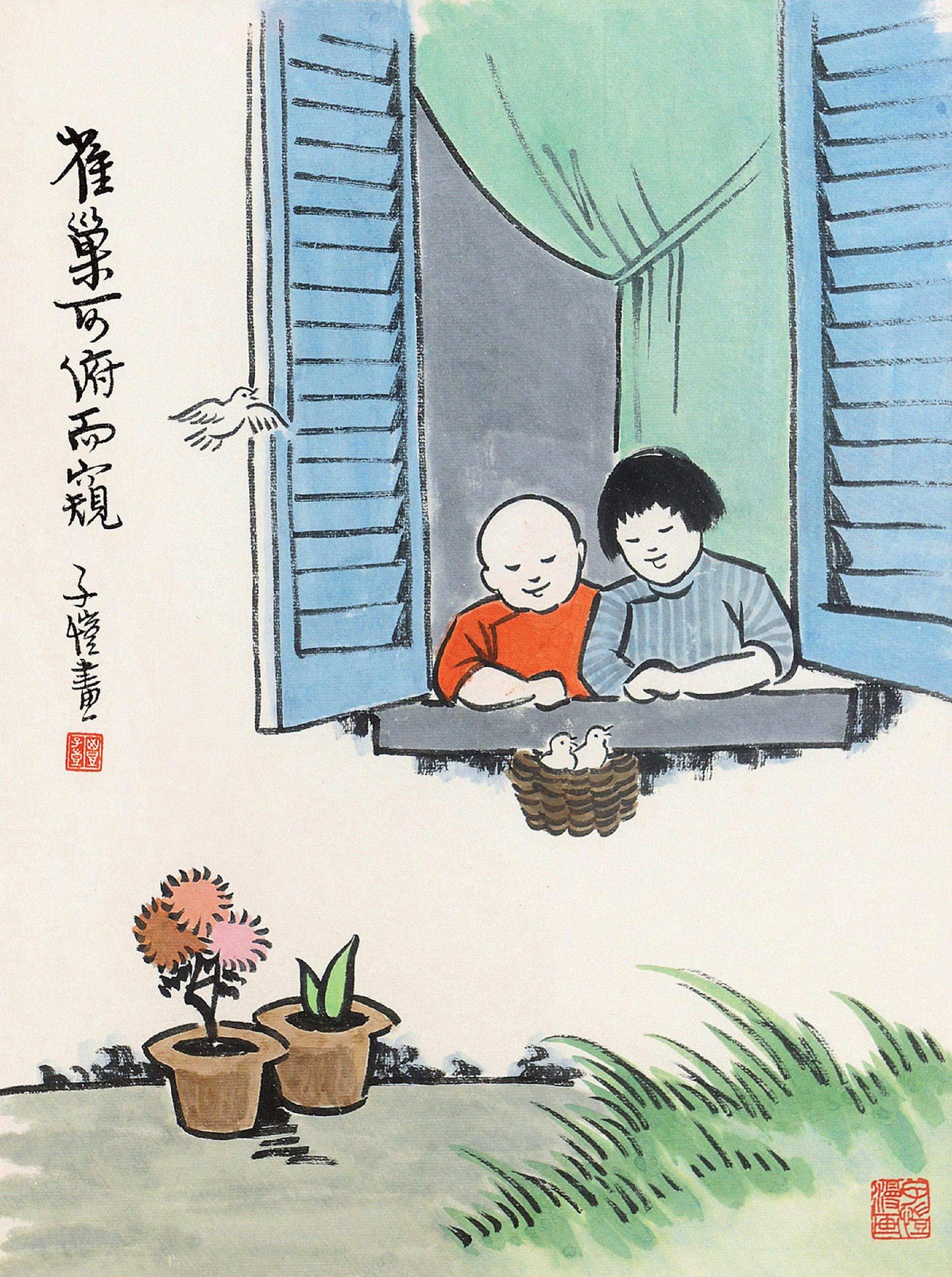 儿童题材 - 雀巢可俯而窥 - 孩童窗边窥看巢中小鸟 