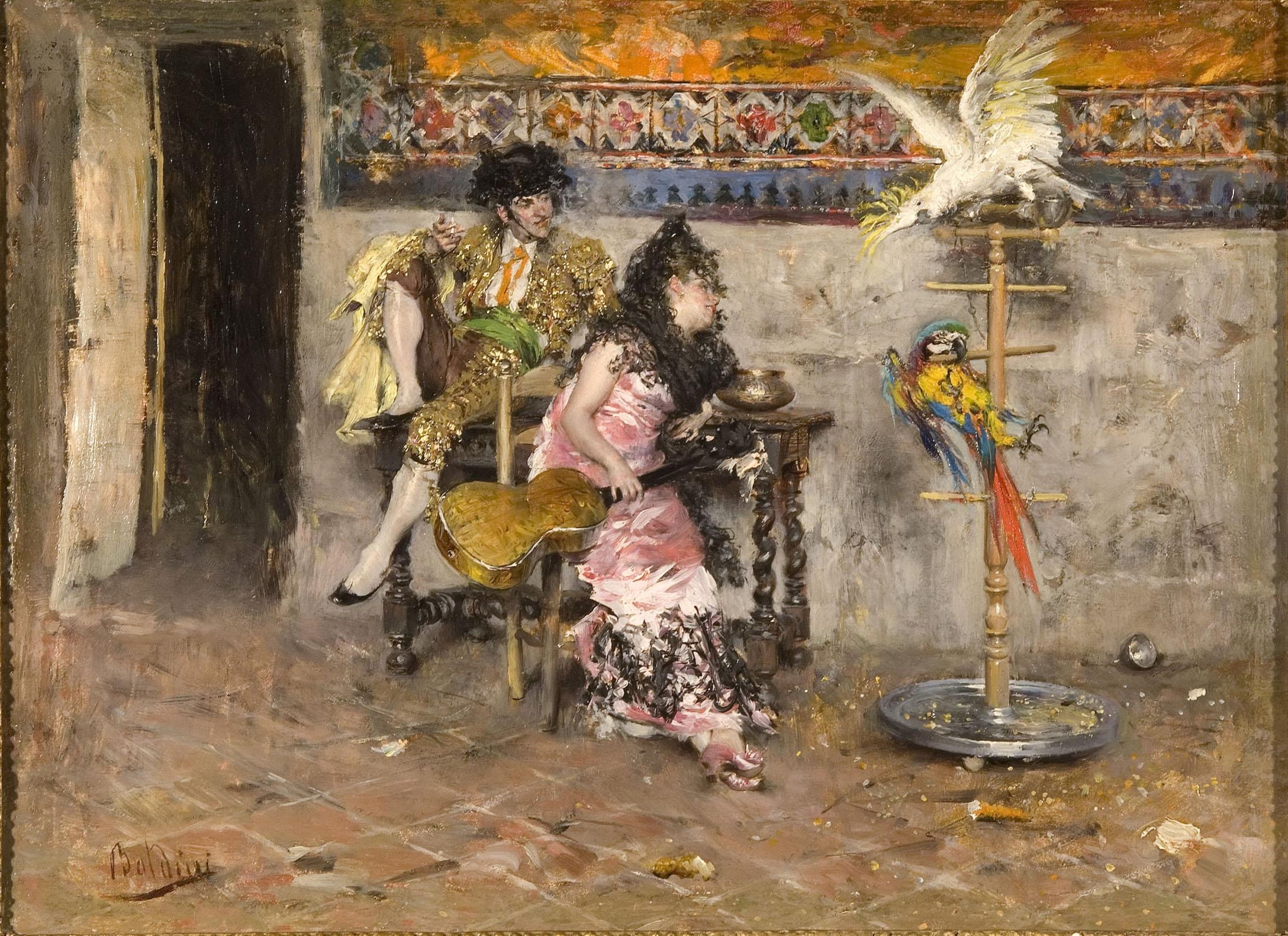 生活场景再现主题 - 未知名画作 - 展现人物与鹦鹉的场景 