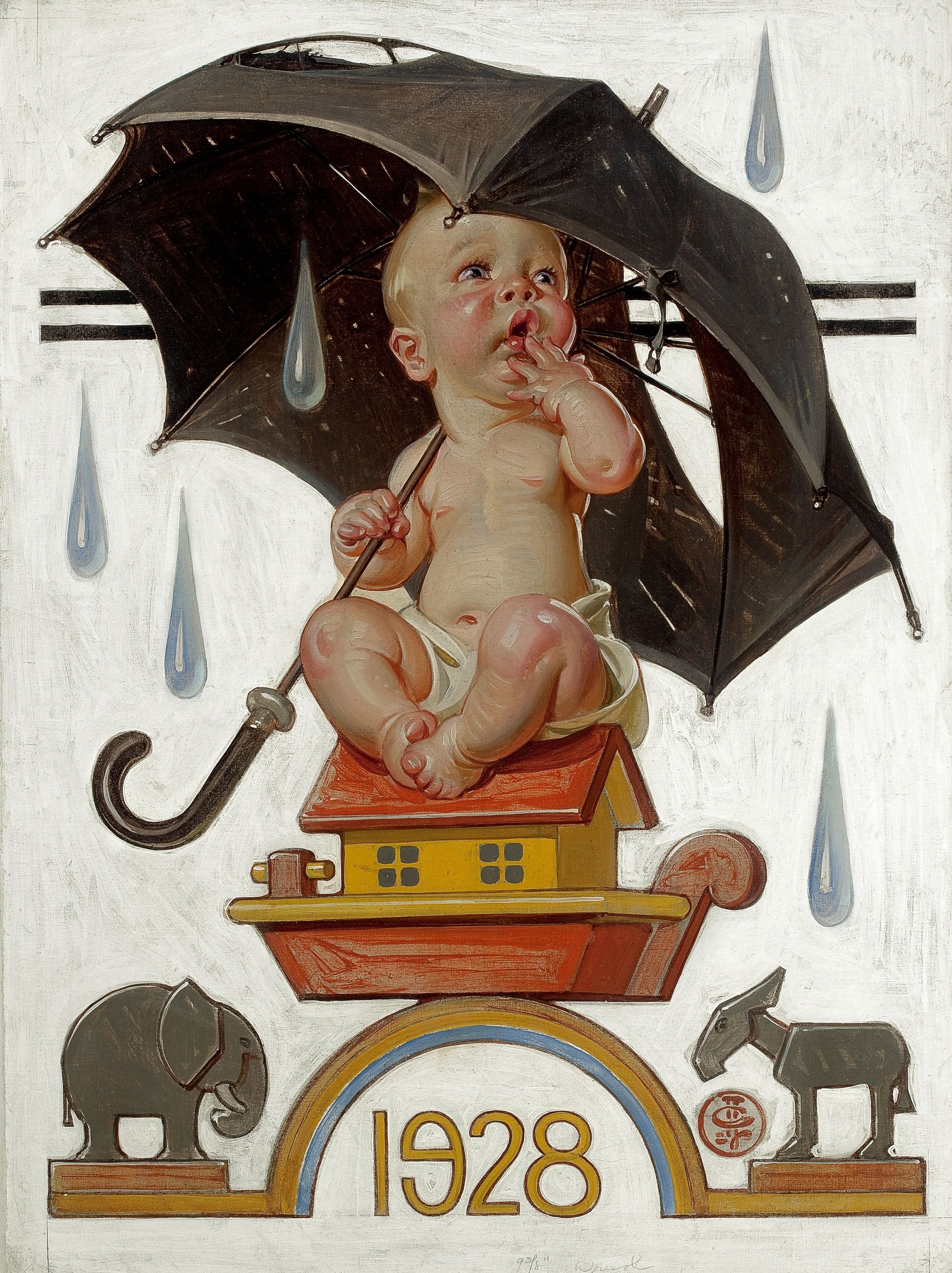 商业艺术表达主题 - 雨中宝宝与玩具 - 宝宝撑伞坐玩具上场景 