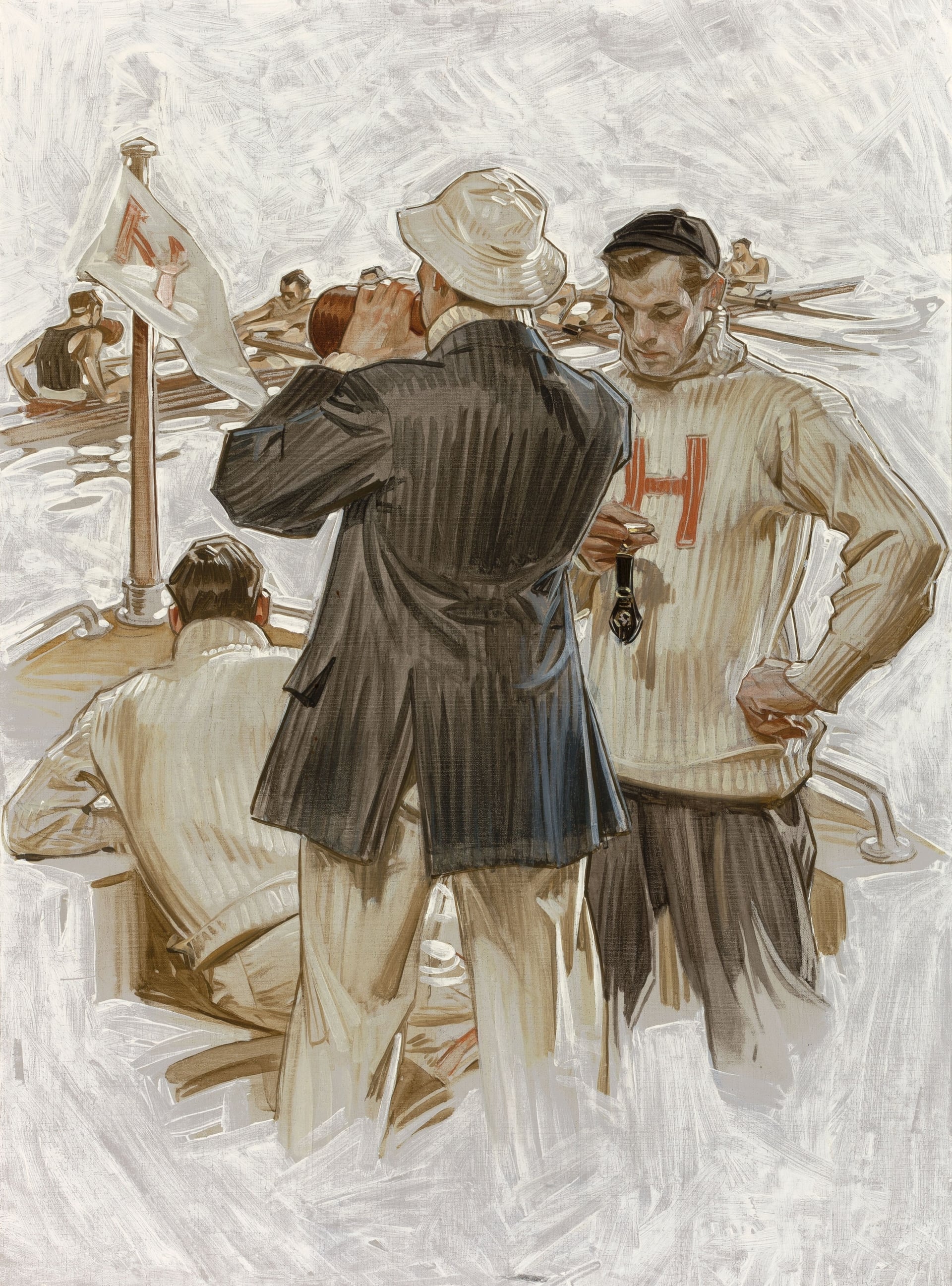 时尚生活展现主题 - 赛艇场景人物画 - 描绘赛艇旁人物的状态 