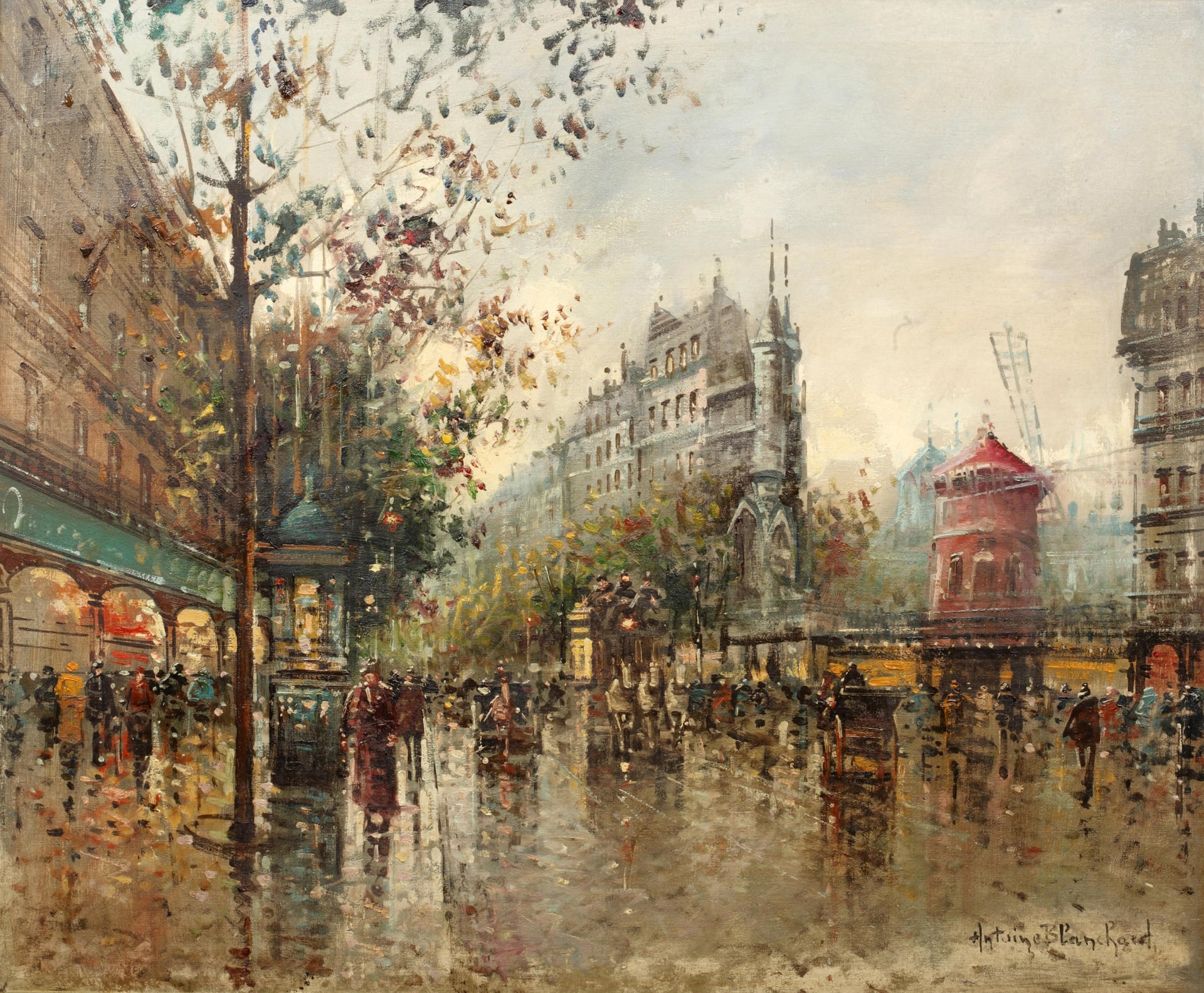 社会风俗场景主题 - 雨中城市街道景象 - 描绘雨中街道热闹景象 