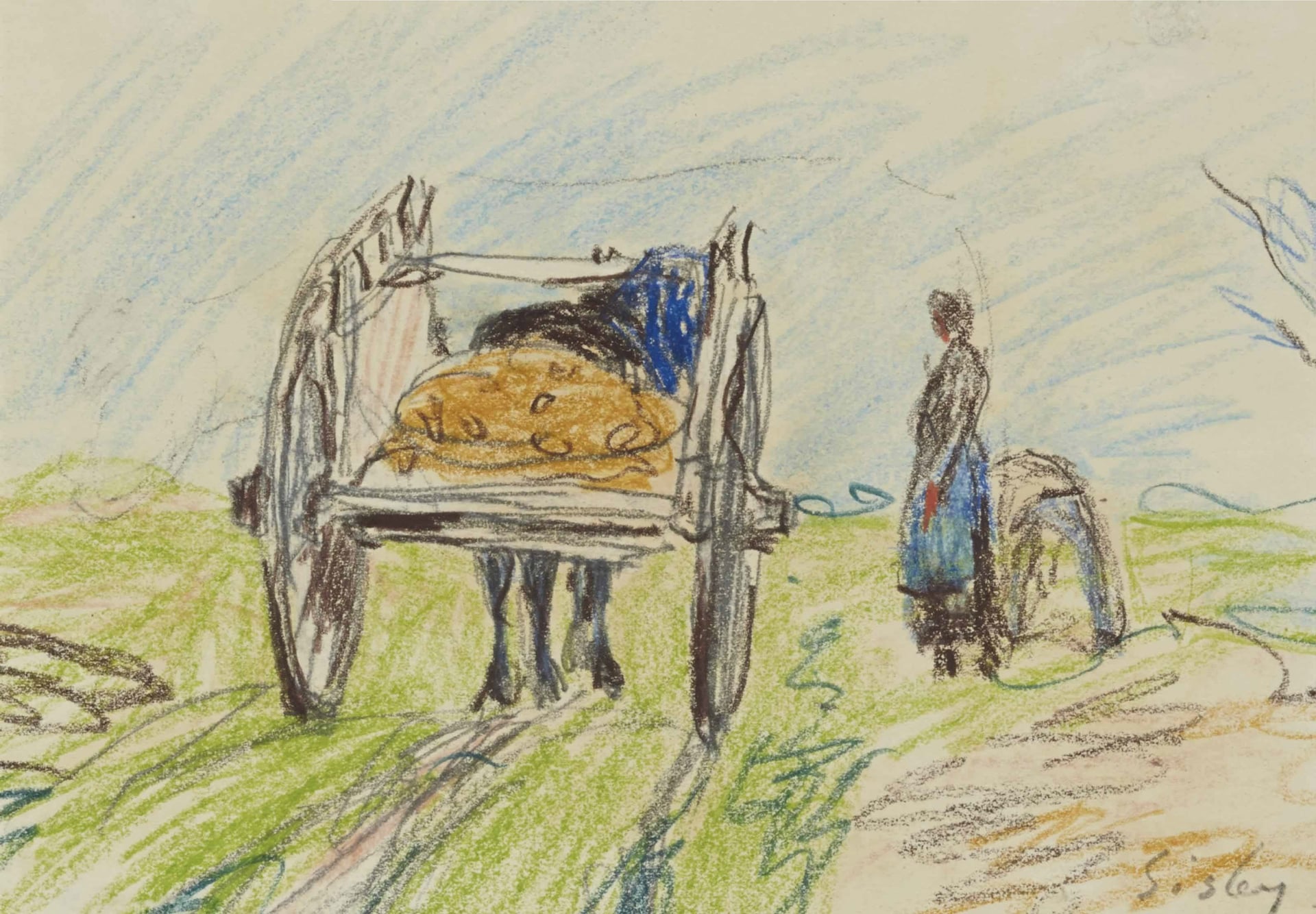 乡村生活场景主题 - 马车旁的乡村景象 - 描绘乡村马车与人物画面 