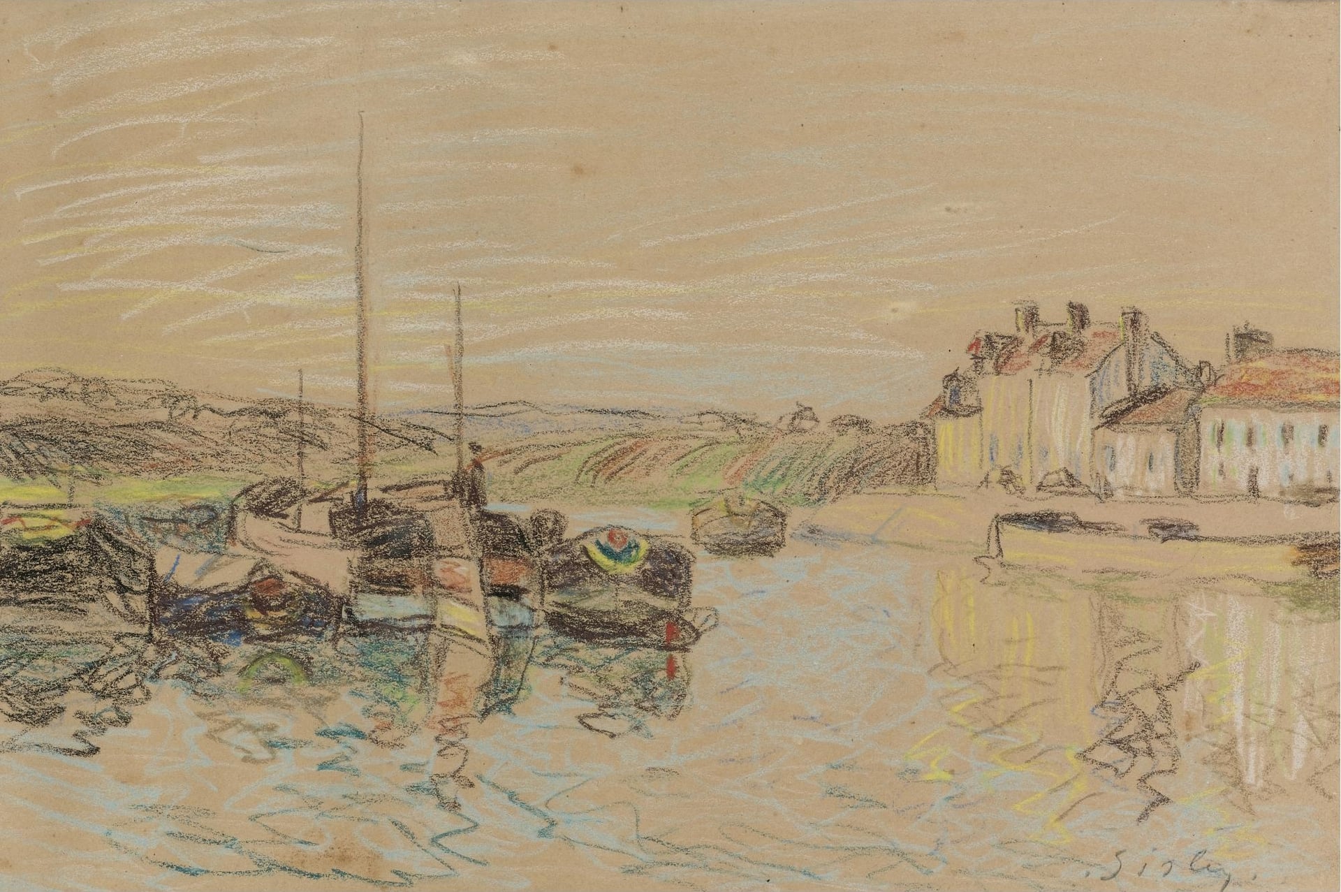 河流湖泊景致主题 - 未知名画作 - 河岸停泊船只景色优美 