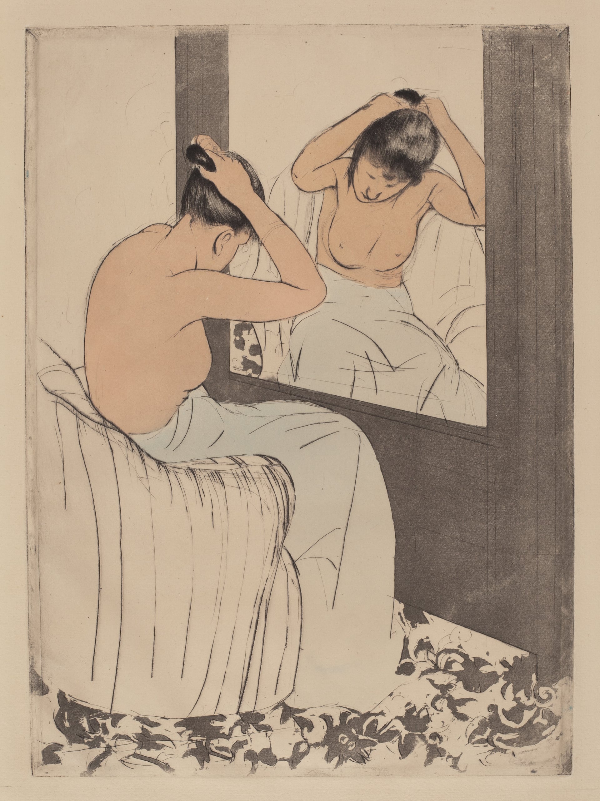 女性生活场景主题 - 梳妆 - 女子镜前专注梳发髻 