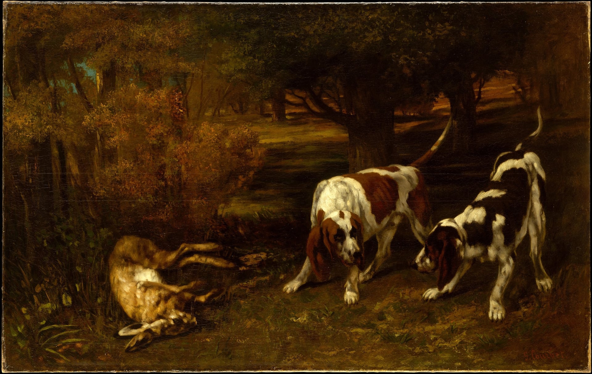 写实主义风格主题 - 猎犬与猎物场景 - 林中猎犬围绕猎物场景 