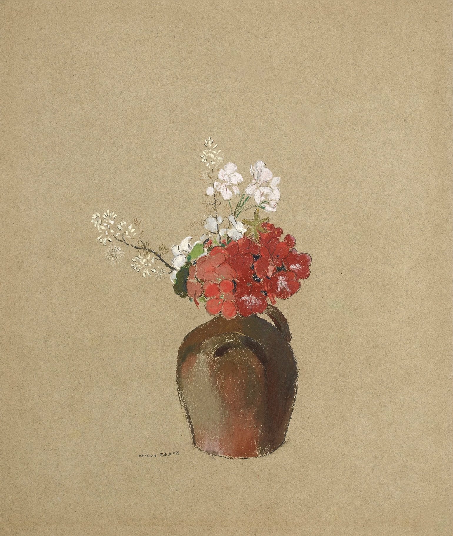 花卉静物描绘主题 - 花瓶中的花卉 - 陶罐插放红白花卉 