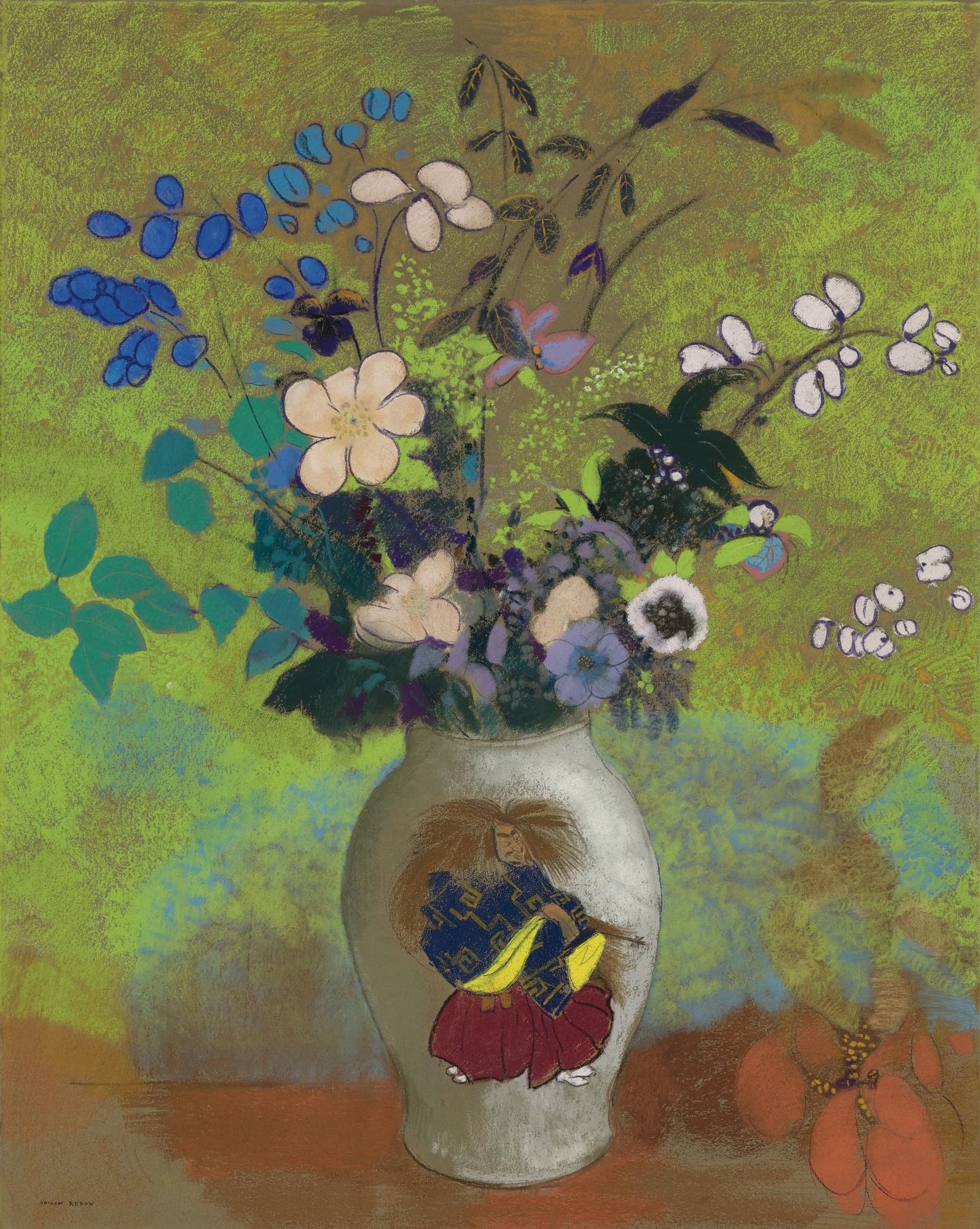 花卉静物描绘主题 - 花瓶插花 - 花瓶插满多彩花卉与叶 