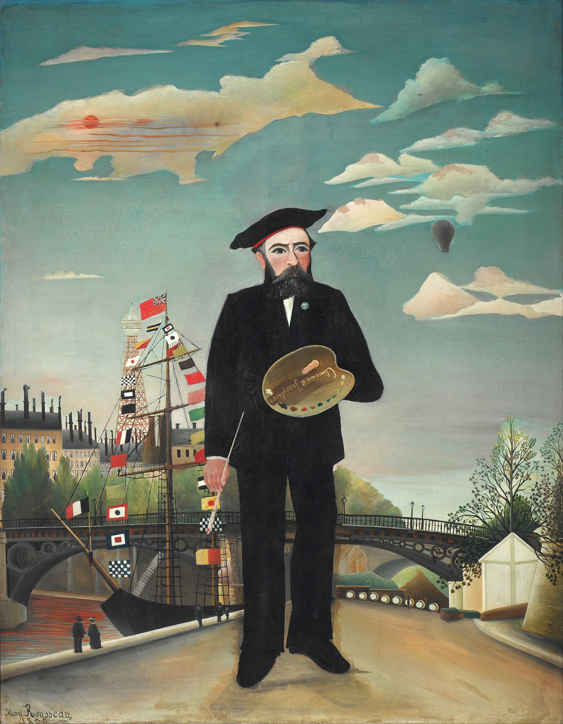 独特绘画风格主题 - 自画像 - 画家持调色板河岸图景 