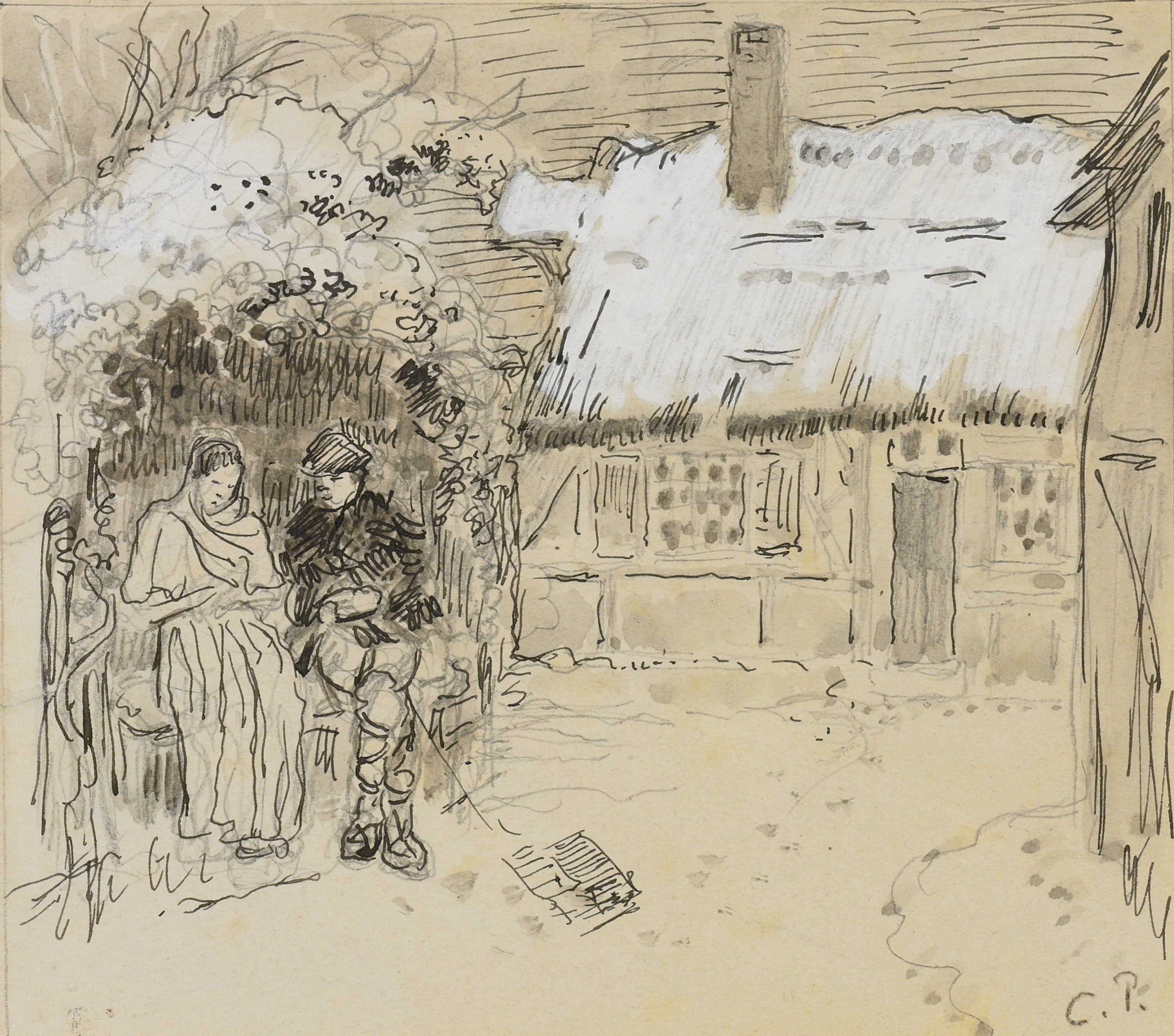 乡村风景风貌主题 - 未命名乡村场景 - 描绘乡村小屋旁人物景象 