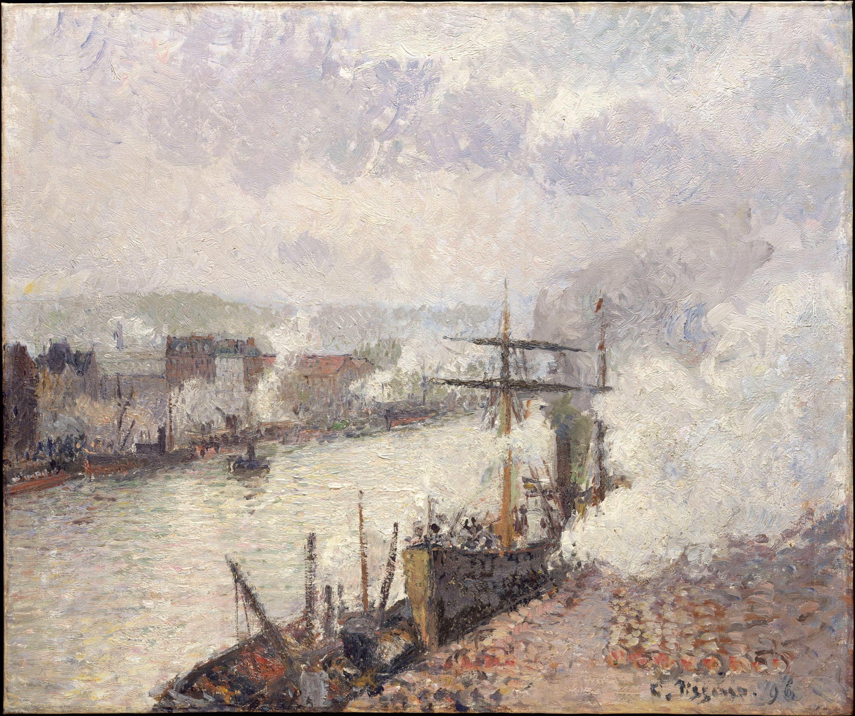 印象派光影效果主题 - 未知名画作 - 展现河畔船只光影之景 