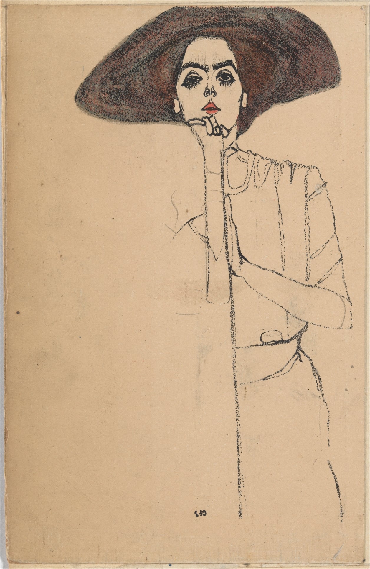 其他 - 佚名女士肖像画 - 戴帽女士的简约线条画 