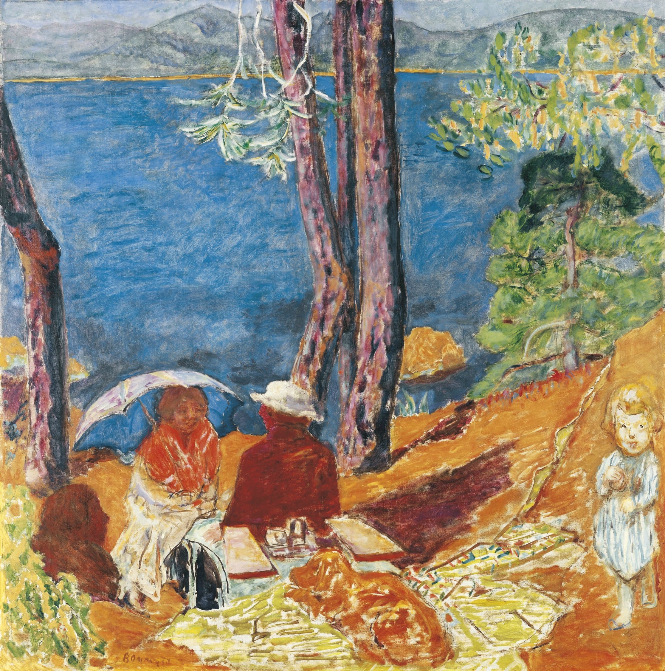 家庭生活场景主题 - 未知名画作 - 湖畔树下人物野餐情景 