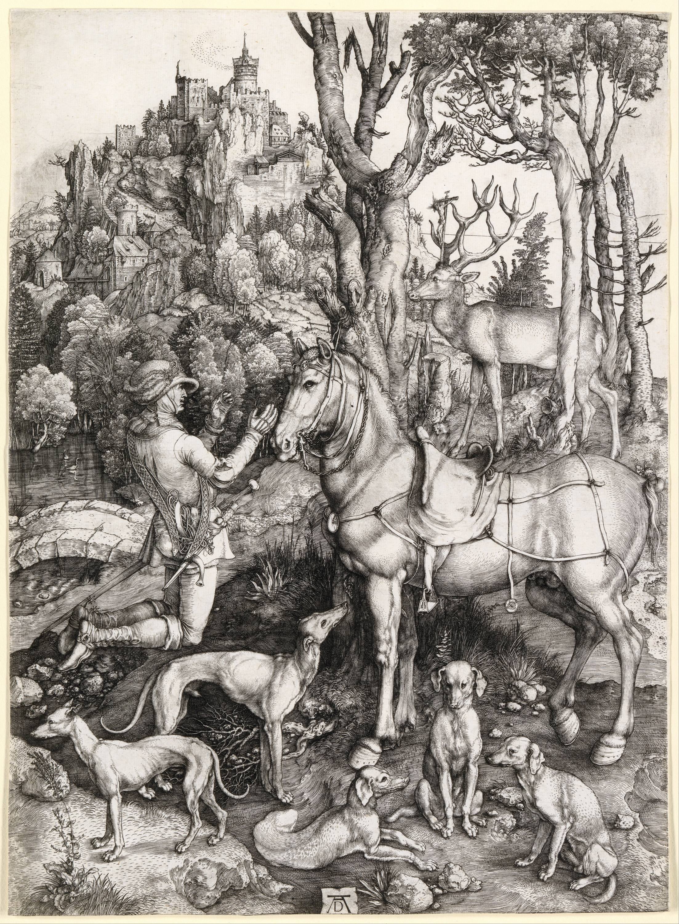 动物植物描绘主题 - 骑士与马及猎犬 - 骑士驯马伴猎犬等动物 