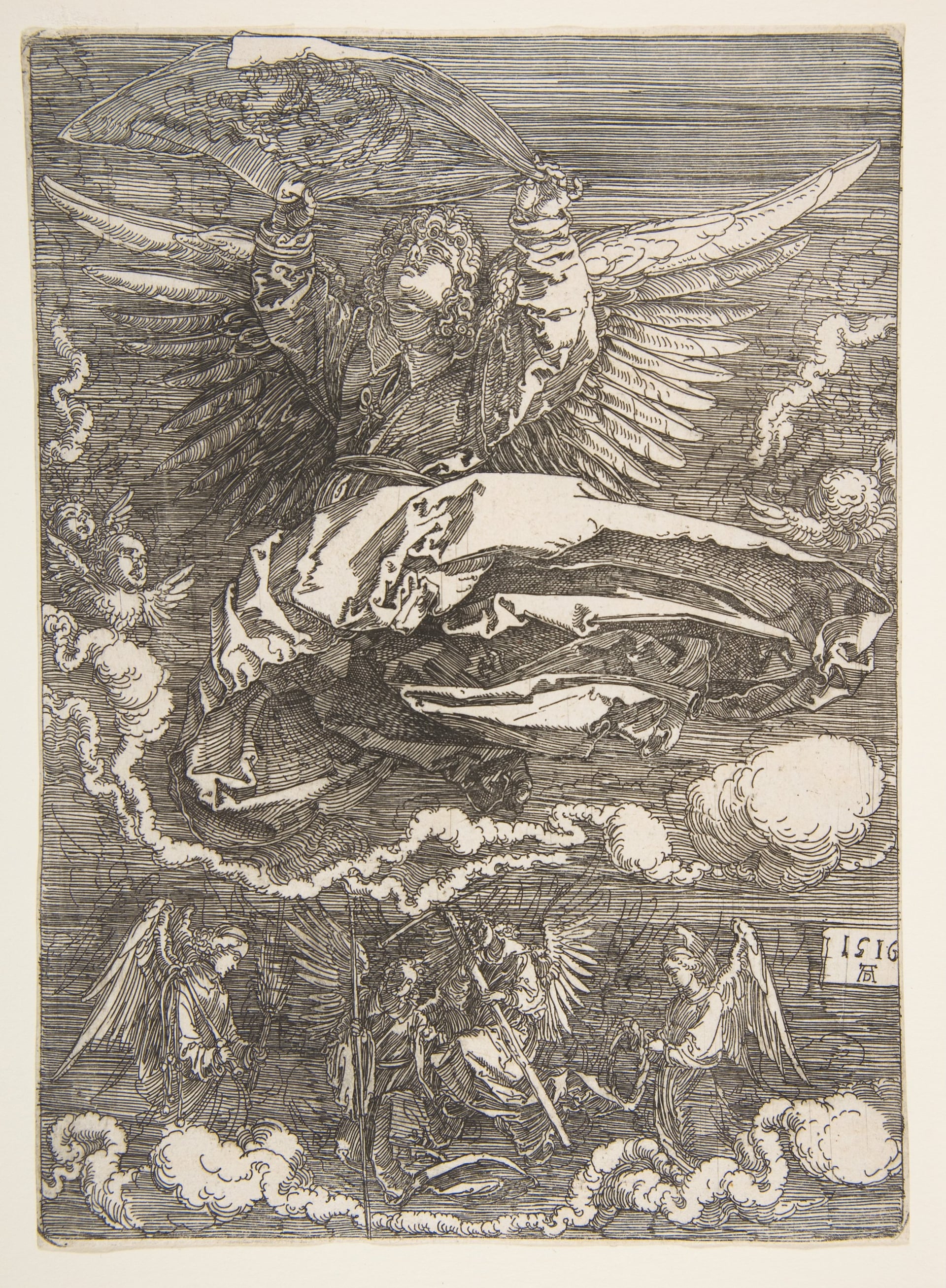宗教故事诠释主题 - 天使形象版画作品 - 展现天使云端神圣姿态 