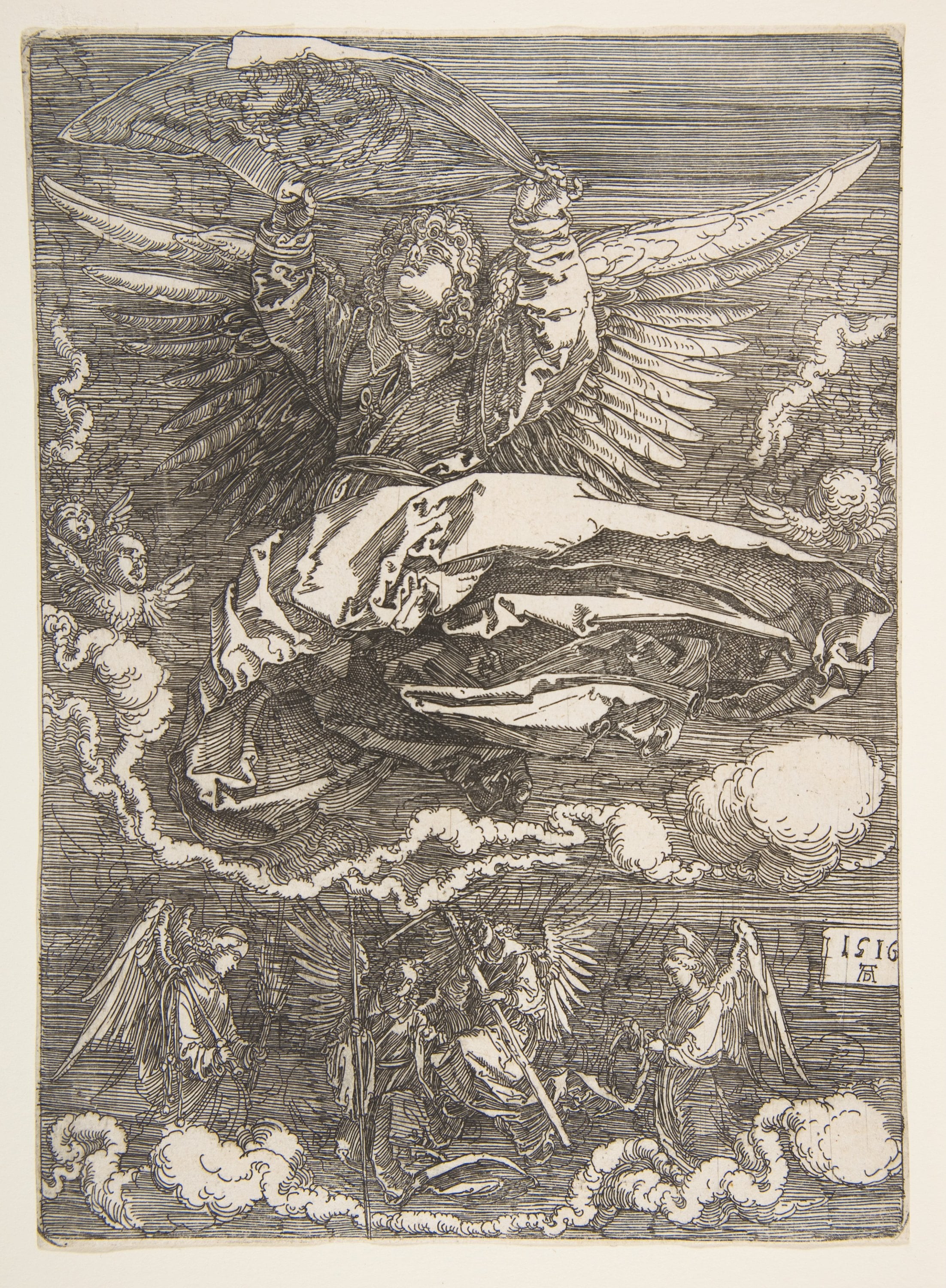 宗教故事诠释主题 - 天使形象版画作品 - 展现天使云端神圣姿态 