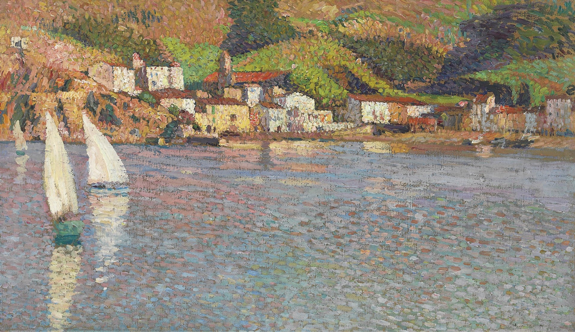 风景诗意主题 - 未知名海景画作 - 帆船伴岸景诗意盎然 