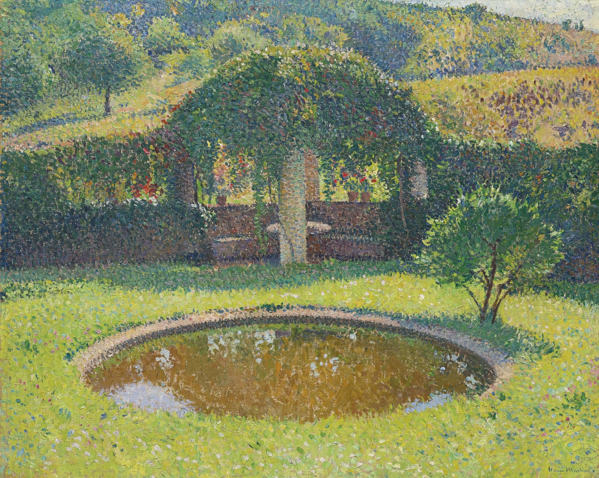 风景诗意主题 - 未知名花园画作 - 绘静谧花园池塘景致 