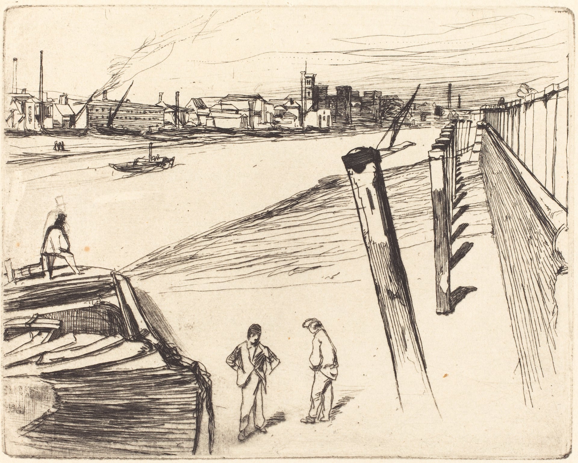 其他 - 未知名河边场景画作 - 河边人物与城市景象描绘 